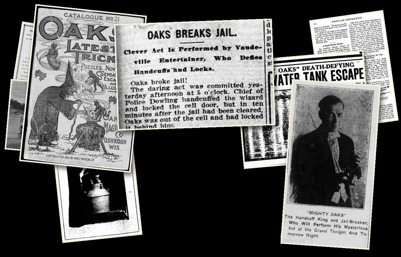 Newspaper clippings and a catalog from the Oaks Magical Company of Oshkosh